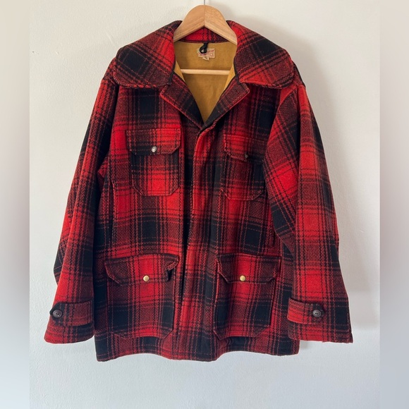 Sportwear Vintage 1940s Red Plaid Wool Button Front Hunting Jacket Size 44 - Picture 1 of 15
